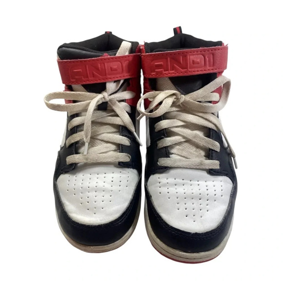 AND1 Zenith Boys High Top Basketball Shoes - Black, Red, and White | Size 1 - Picture 2 of 7